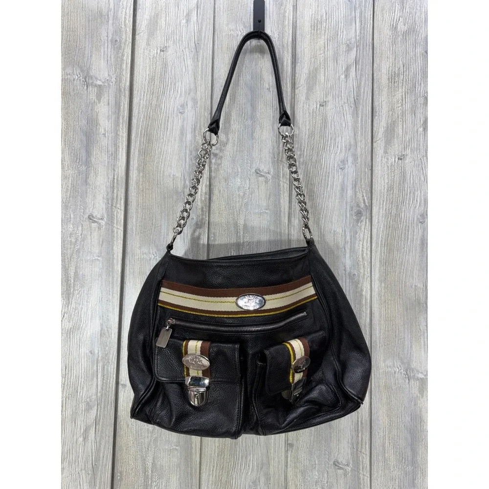 Christine Price Black Pebbled Hobo Bag Striped Silver Chain Shoulder Handbag